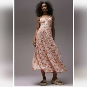 Topshop Eyelet Jersey V Neck Floral Midi Dress. Size L  NWOT